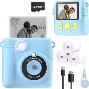 Kids Camera Instant Print, Christmas Birthday Gifts for Kids Age 3-12, Selfie Digital Camera with 1080P Videos,Toddler Portable Travel Camera Toy for 4 5 6 7 8 9 Year Old Boys Girls-Blue