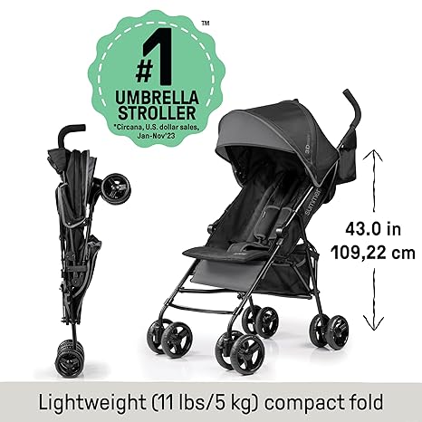 Summer by Ingenuity 3D Mini Convenience Stroller – Lightweight Stroller with Compact Fold, Multi-Position Recline, Canopy with Pop Out Sun Visor – Umbrella Stroller for Travel & More, Blue/Black