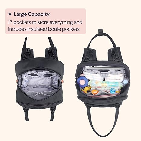 BabbleRoo Diaper Bag Backpack - Baby Essentials Travel Tote - Multi Function Waterproof Diaper Bag, Travel Essentials Baby Bag with Changing Pad, Stroller Straps & Pacifier Case - Unisex, Black