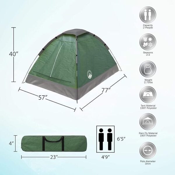 2 Person Camping Tent with Rain Fly and Carrying Bag - Lightweight Outdoor Tent for Backpacking, Hiking, or Beach Use by Wakeman Outdoors