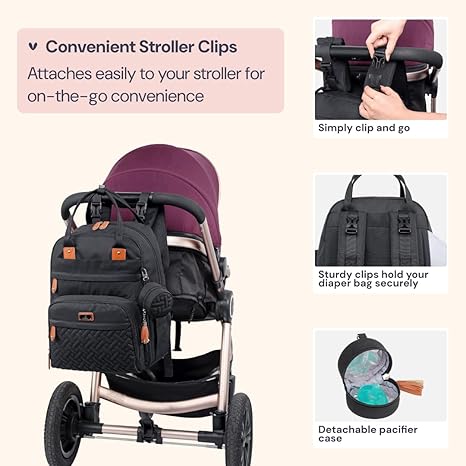 BabbleRoo Diaper Bag Backpack - Baby Essentials Travel Tote - Multi Function Waterproof Diaper Bag, Travel Essentials Baby Bag with Changing Pad, Stroller Straps & Pacifier Case - Unisex, Black